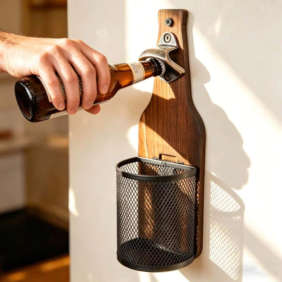 Wall-Mounted Wooden Beer Bottle Opener With Mesh Bag, Painless Bottle Opener - Essential Beer Accessory For Home Bar, Kitchen, Garden And Outdoor, Perfect Gift For Beer Lovers